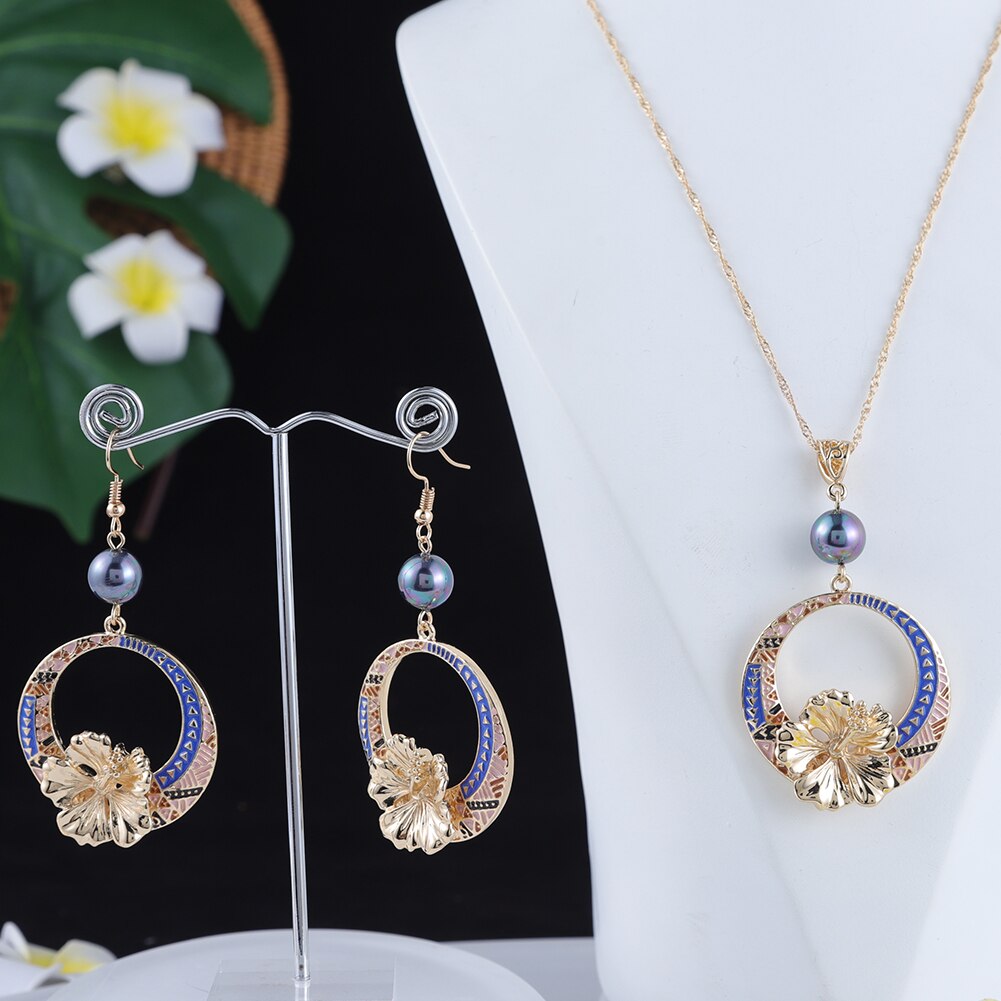 SophiaXuan Schmuck setzt Hibiskus Blumen Perle Halskette einstellen hawaiisch Polynesian Gold Überzogene Halskette setzt für Frauen: ZH0611GOBL
