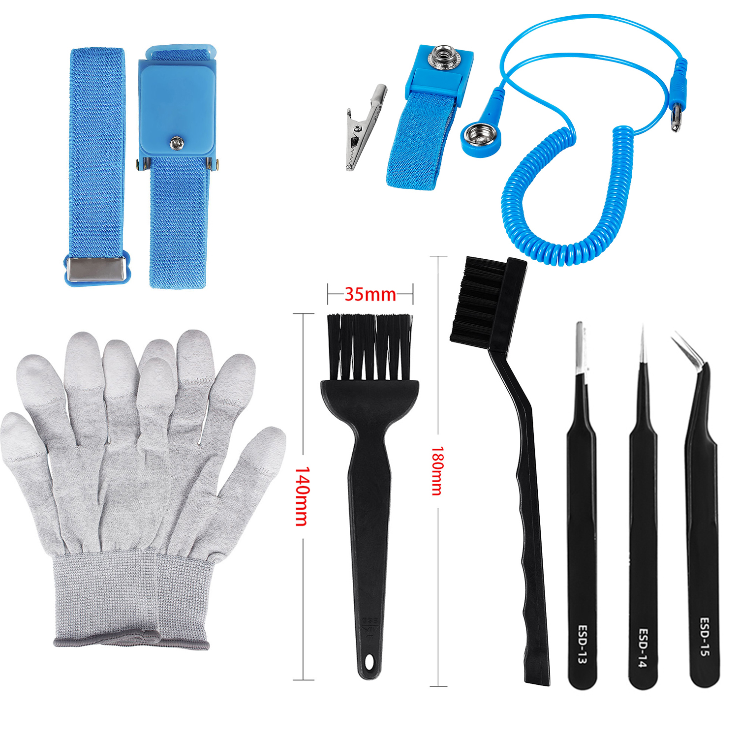 Kit d'outils antistatiques ESD, pincettes, gants, Bracelet de poignet, brosses durables pour réparation de voitures électroniques, 8 pièces: Default Title