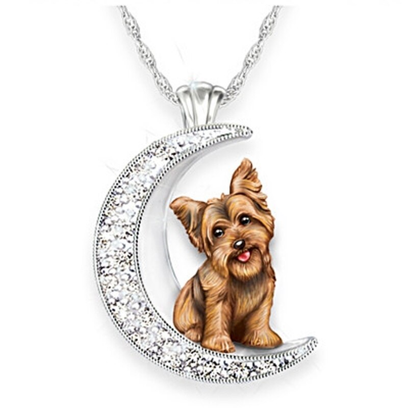 silver crystal moon dog necklace lady Pendant Necklace Accessories Valentine's valentine's necklace: Default Title