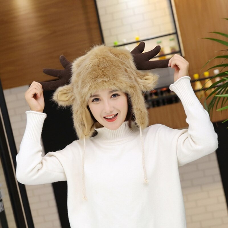 Women Men Winter Furry Plush Snow Trapper Hat Cute Ox Horns Deer Antlers Fluffy Animal Cap with Ear Flap Cosplay Earmuff