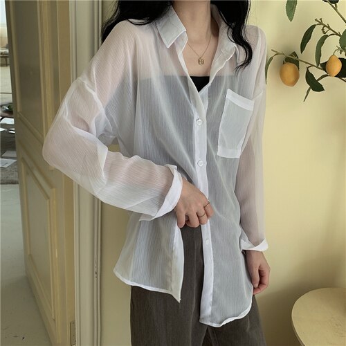 Blusas de mujeres Vintage sólido coreano Chic Sol de verano-prueba básica mujer blusa Top-Encuentro de suave dama camisas: white