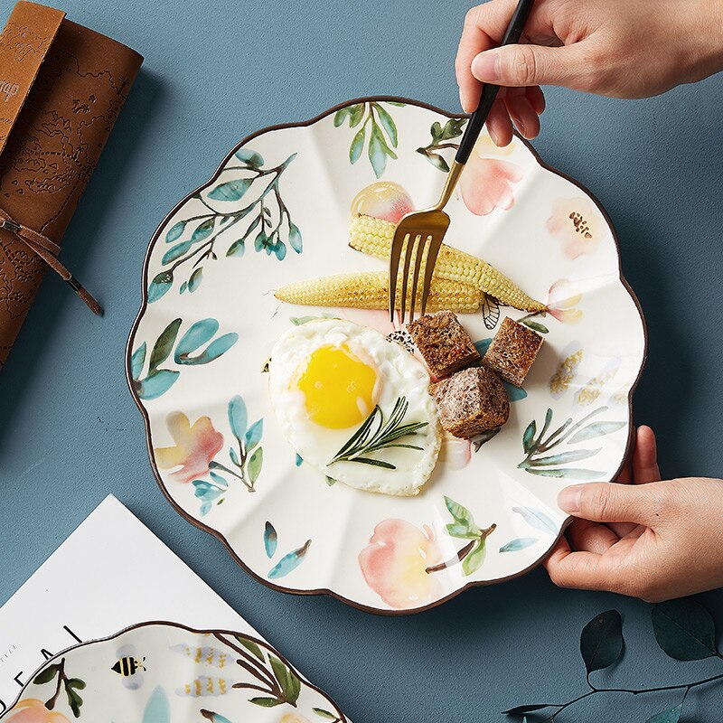 Plato de cerámica con forma de flor para servir, vajilla de Floral PARA CENA, vajilla apta para microondas, plato de postre de 8/10 pulgadas