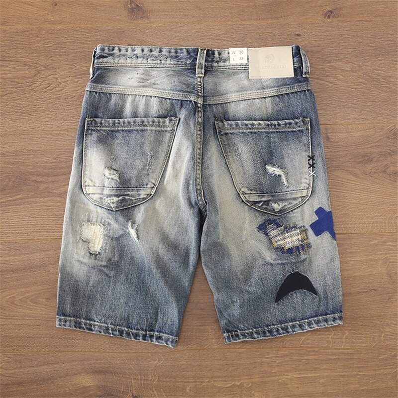 Japanese Harajuku Patchwork Ripped Jean Shorts Urban Boys Streetwear Distressed Hip Hop Punk Denim Shorts Plus Size