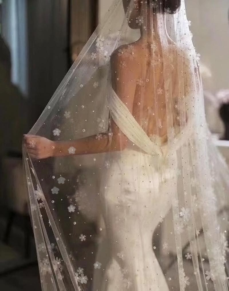 Neue Perlen Hochzeit Schleier mit Blumen SchöNe Perle Braut Schleier Metall Kamm Eine Schicht Braut Schleier Hochzeit Zubehör
