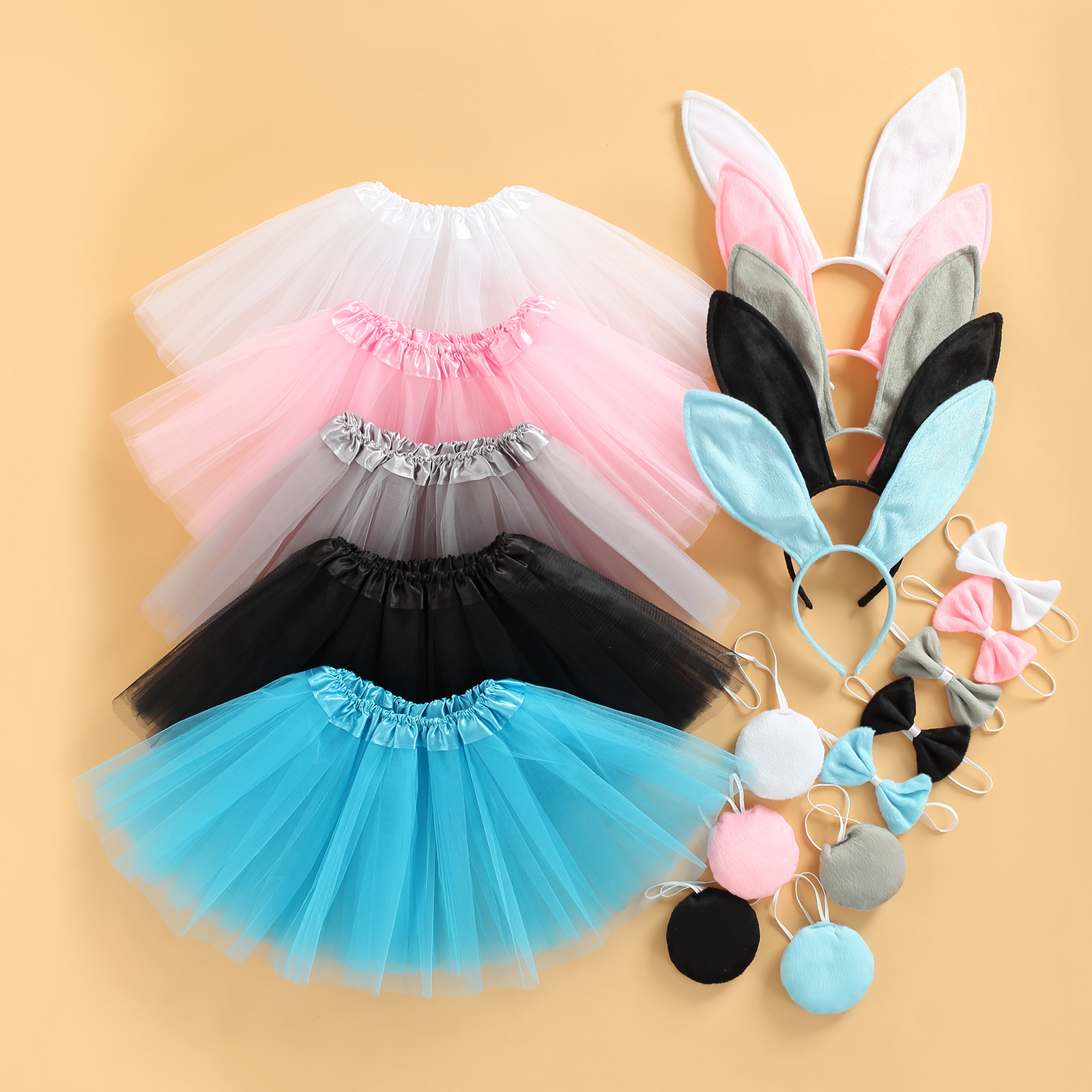 Vestiti per la fotografia della neonata del bambino, fascia per capelli coniglietto pasquale + papillon + coda + gonna in Tulle multistrato 0-3T