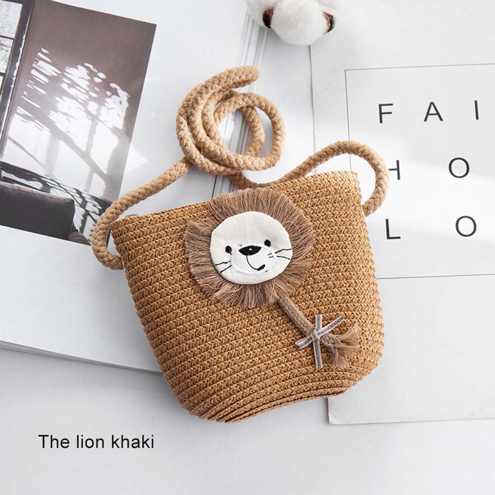 Girls Mini Handbag Handmade Straw Tote Large Capacity Summer Beach Shoulder Bag Party Shopping Best -WT: khaki lion