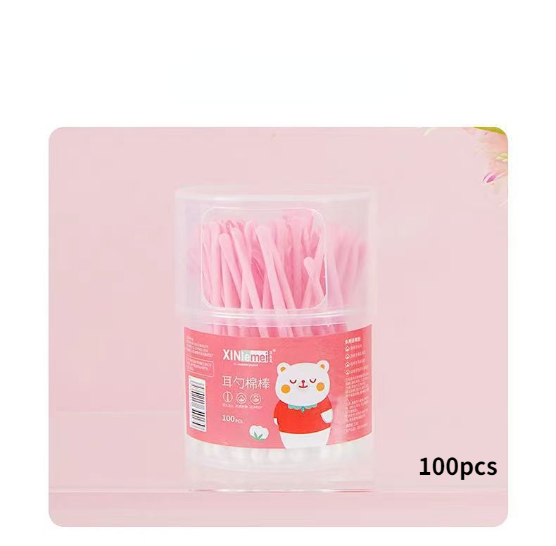 100Pcs 2 In 1 Cotton Swabs with Ear Spoons Plastic Curette Ear Pick Cleaner Ear Cleaner Spoon Portable Makeup Nail Art Sticks: Pink