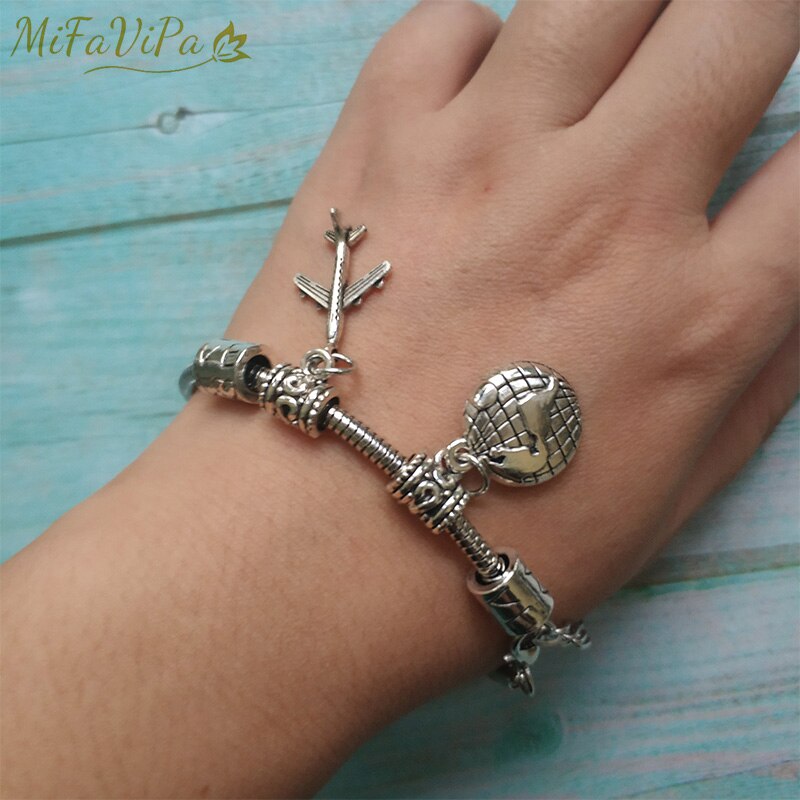 MiFaViPa Flugzeug Armband Erde Flugzeug Pandent Schmuck Armbänder für Frauen Einfache Legierung Silve Farbe Antike Armband
