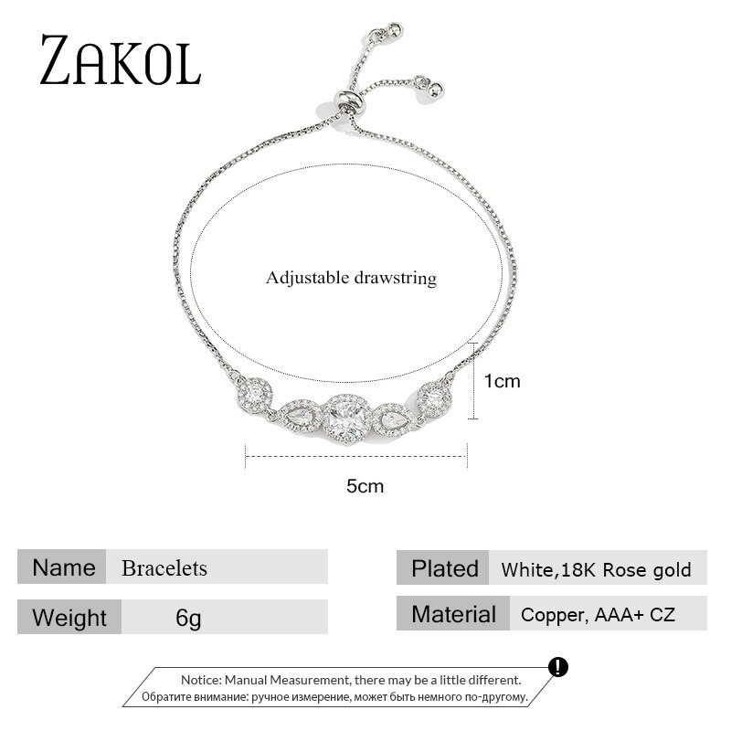 Zakol高級水滴 & とるときキュービックジルコニアクリスタル調節可能なブレスレット & 女性のファッションブライダルczウェディングジュエリー