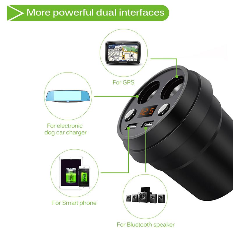 Onever 3.1A Dual USB Car Charger Adapter with 2 Cigarette Lighter Socket Volmeter Display Car Cup Holder Type Support DC 12-24V