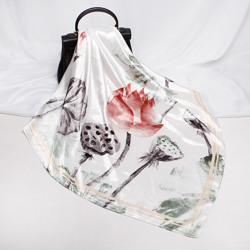 Pure and fresh Chinese style silk scarf scarf 90X90 headscarf printed large square temperament: White