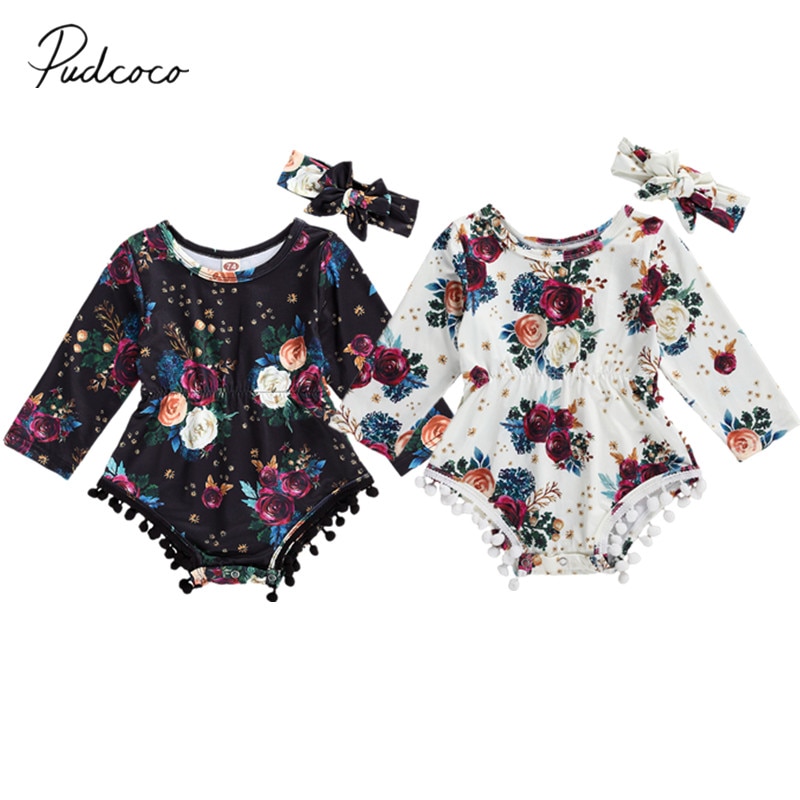 Pasgeboren Baby Meisje Jongen Lange Mouw Melk Zijde Jumpsuits Lente Herfst Bodysuit Kwastje Ballen Bloemen Playsuit Hoofdband