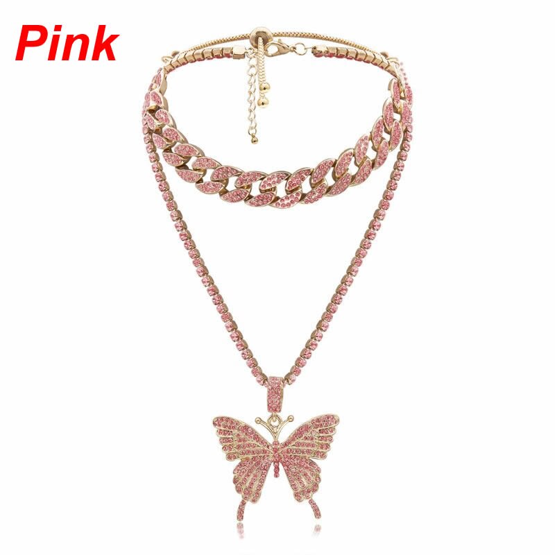 2Pcs Sparking Fully Iced Out Crystal Pave Butterfly Pendant Necklace Cubic Zircon 3D Butterfly Pendant Necklace Jewelry: Pink