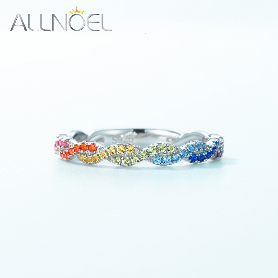 ALLNOEL 100% 925 Anelli in argento sterling per le donne Abbagliante zircone Arcobaleno CZ Anello twist Regali di nozze alla moda Gioielli all'ingrosso