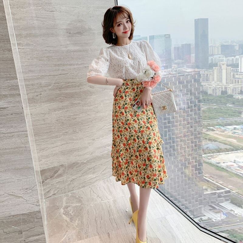 Awarose kobiet dziurawy koronki z krótkim rękawem szczyt kwiatowy liści lotosu spódnica 2 dwuczęściowy modne ciuchy zestaw kobiety lato elegancki garnitur