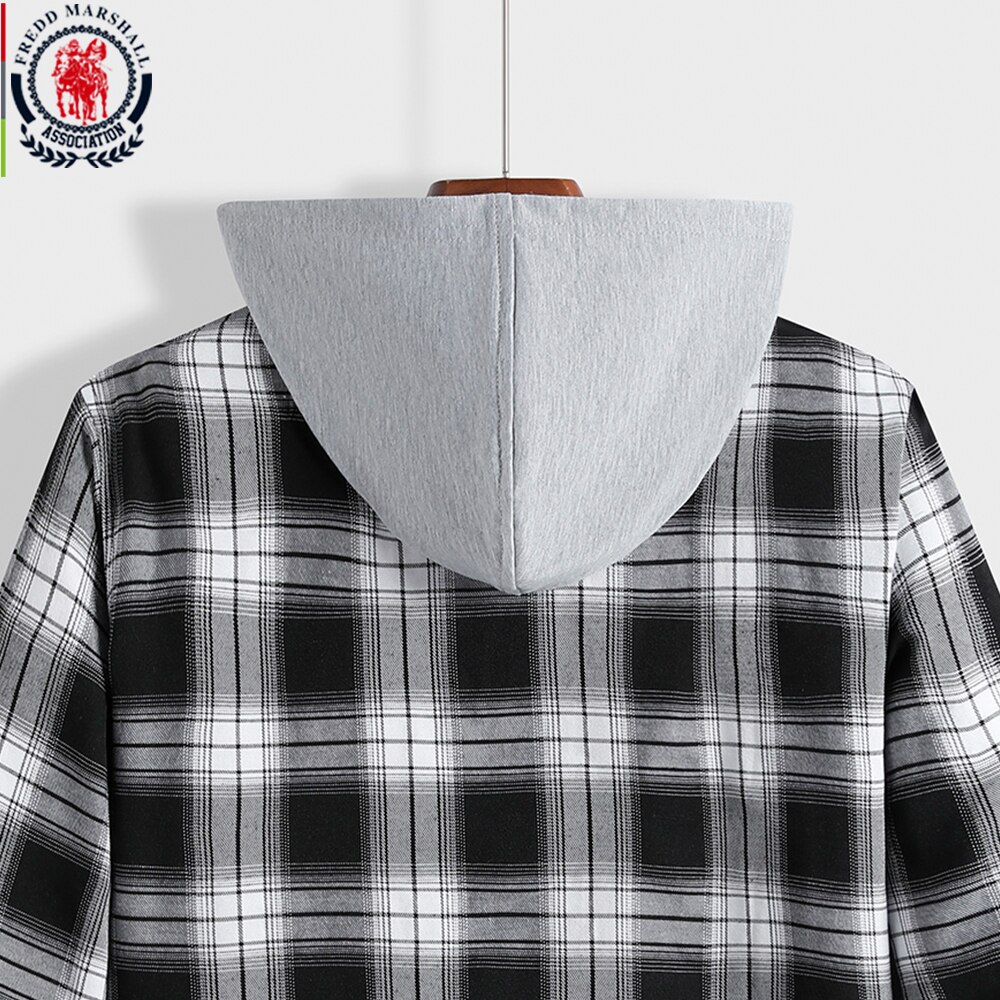 FREDD MARSHALL Spring Long Sleeve Plaid Hooded Shirt Men Casual Business Hood Shirts Outwear Male Clothing 4050