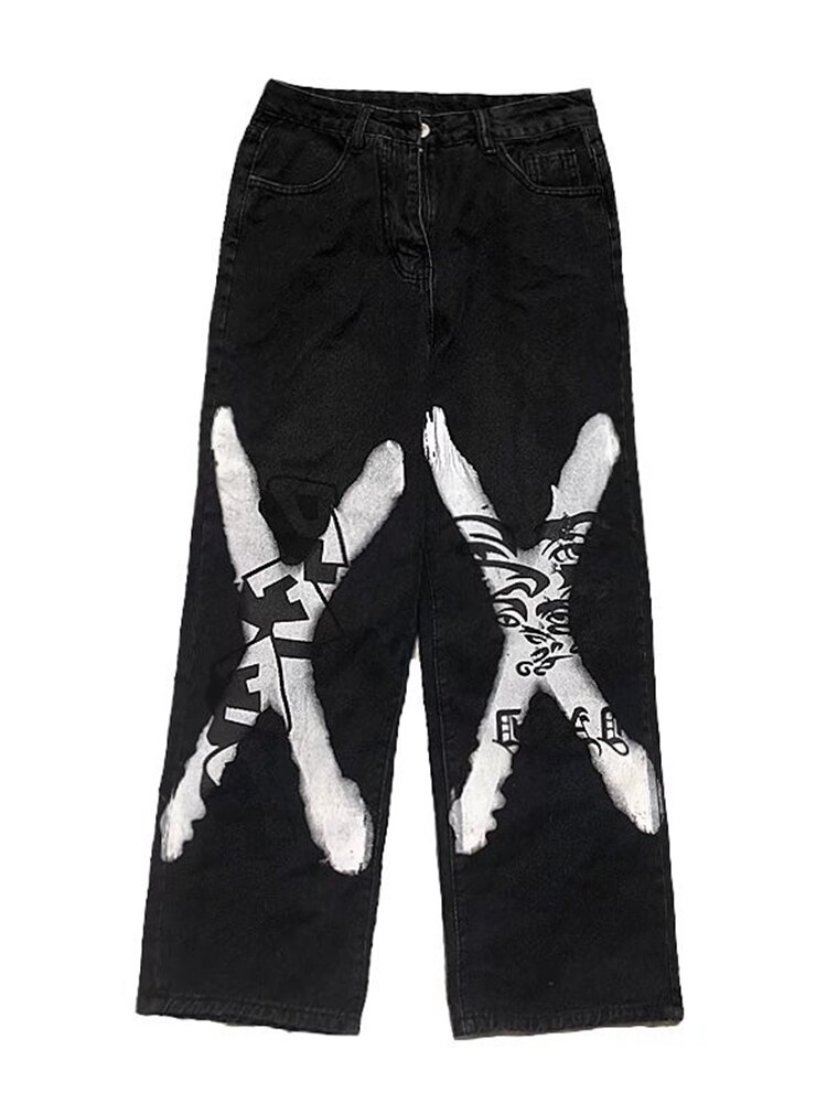 HOUZHOU-pantalones vaqueros negros para hombre, vaqueros de gran tamaño con estampado de Hip Hop, ropa de calle japonesa, Pantalones vaqueros de pierna recta