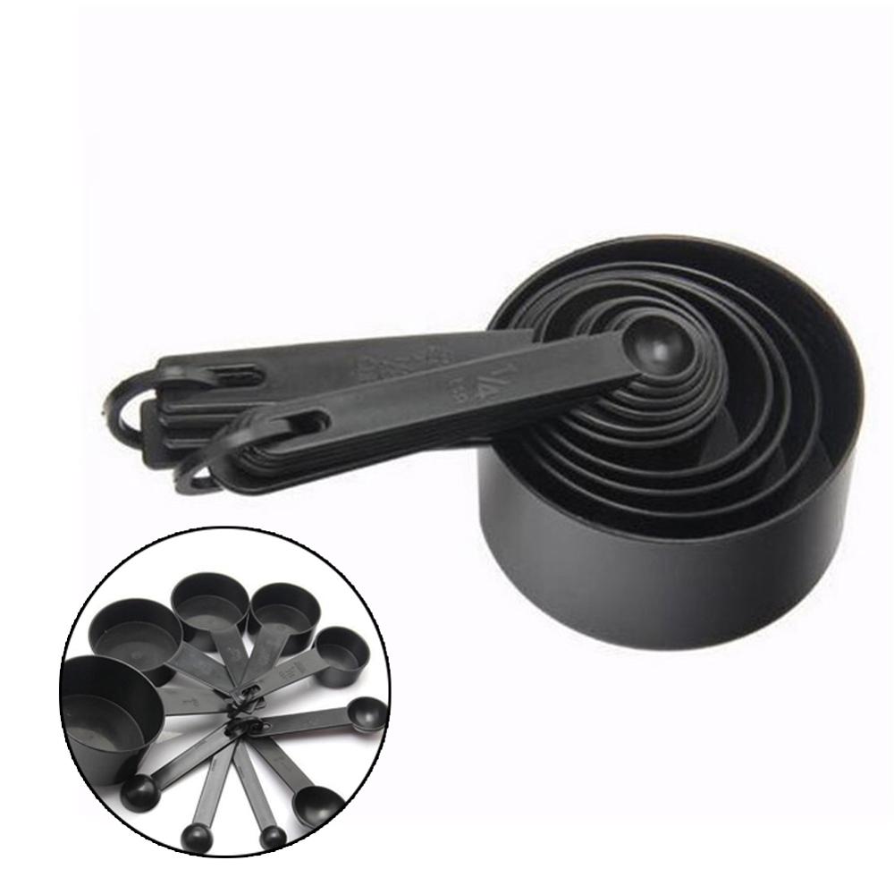 10 Uds. Cucharas de plástico negro para medir de cocina, cucharada de azúcar para café, tartas, hornear, harina, tazas medidoras, utensilios de cocina