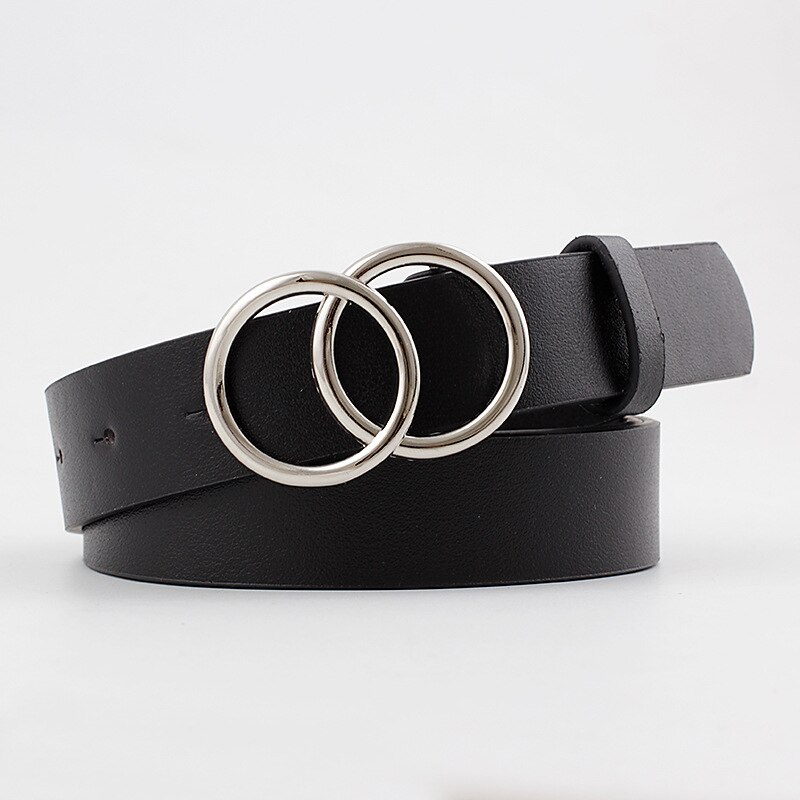 Cinturón con hebilla de doble anillo para mujer, Vintage informal, hebilla plateada que combina con todo, cinturilla de cuero artificial, novedad de