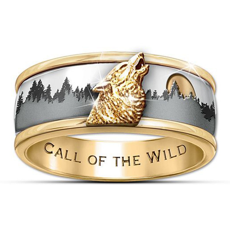 HNSP-Anillo de lobo para hombre, de acero inoxidable, dorado, Punk, Animal, joyería