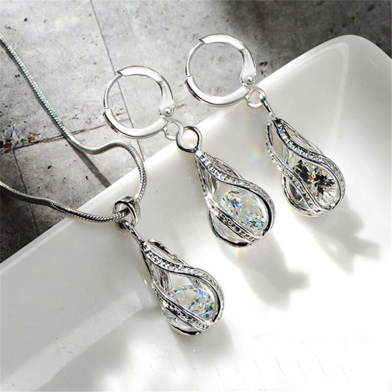 Conjunto de joyería de cristal de arcoíris para mujer, joyería delicada, colgante de Color plateado, pendientes para mujer, collar de cadena de boda geométrico de lujo: white