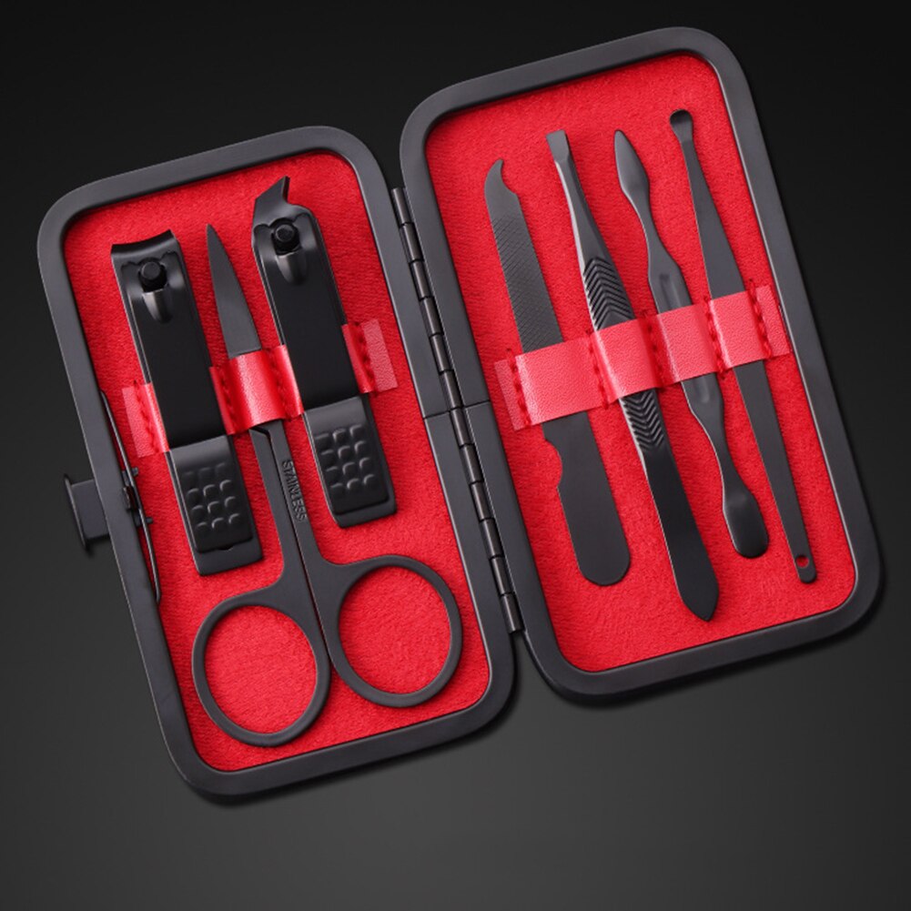 7 unids/set Set de cortaúñas portátil viaje acero inoxidable negro pedicura tijera pinzas manicura kit de herramientas de uñas: red