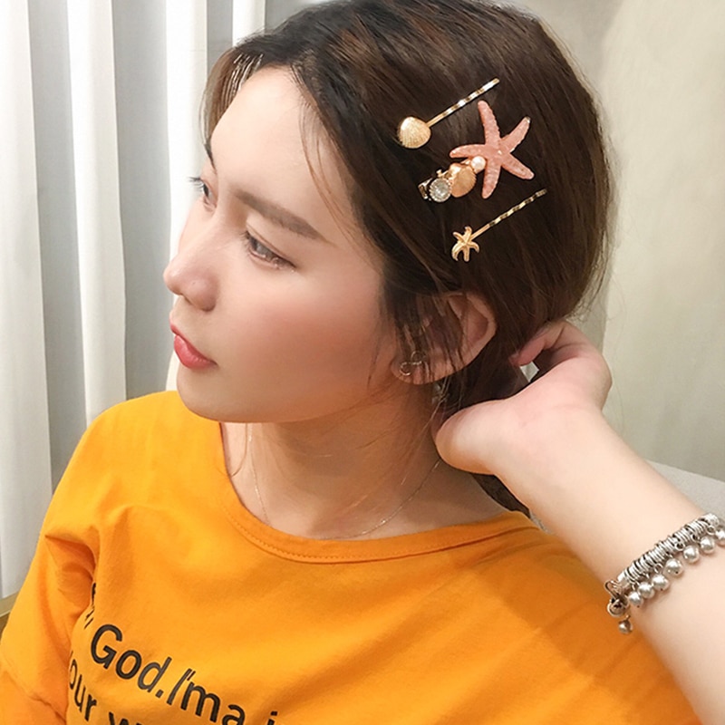 Fermagli per capelli in acrilico con stelle marino per donne e ragazze, forcine in metallo con perle e conchiglie, accessori per capelli da spiaggia