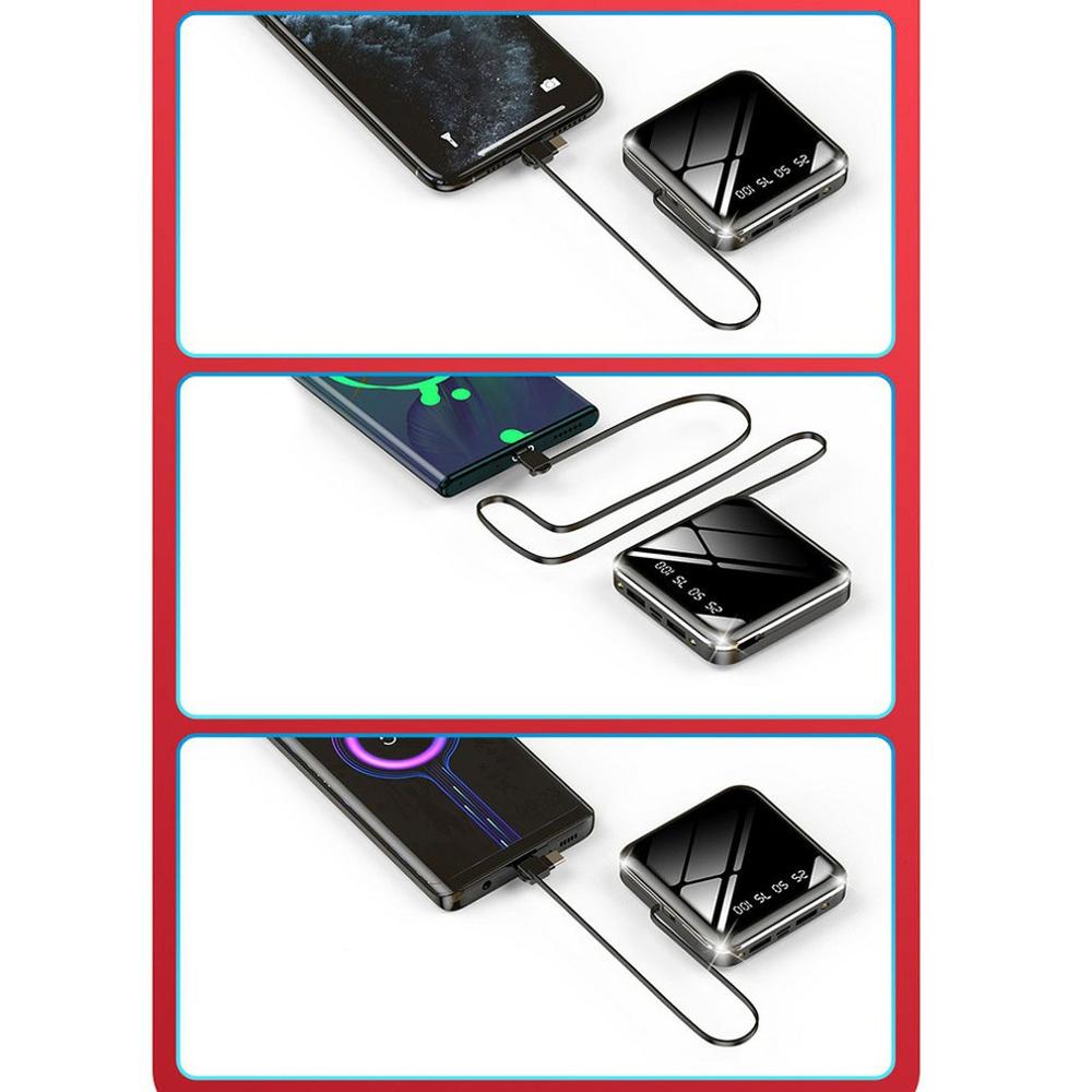 10000 mah powerbank met kabel, snel opladen, digitaal display, mini-spiegel powerbank 20000 3 in 1 externe batterij, powerbank