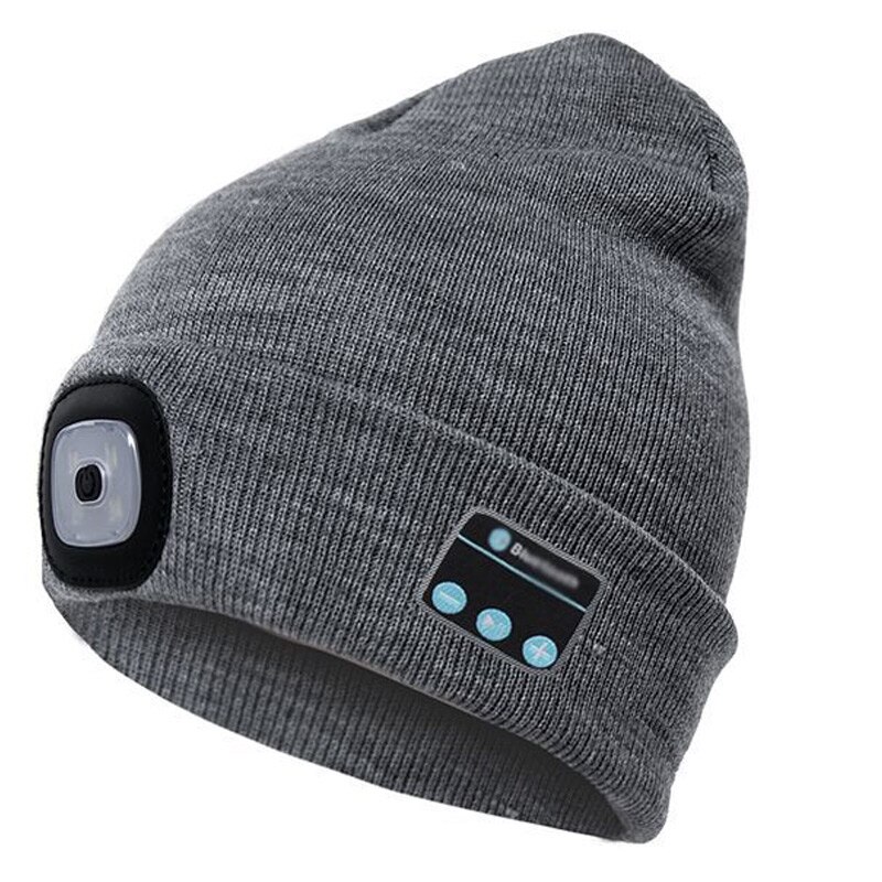Sombrero de punto abrigado con Bluetooth, gorro con música, Auriculares deportivos estéreo inalámbricos, luz LED, para acampar, senderismo, pesca y montar: Grau