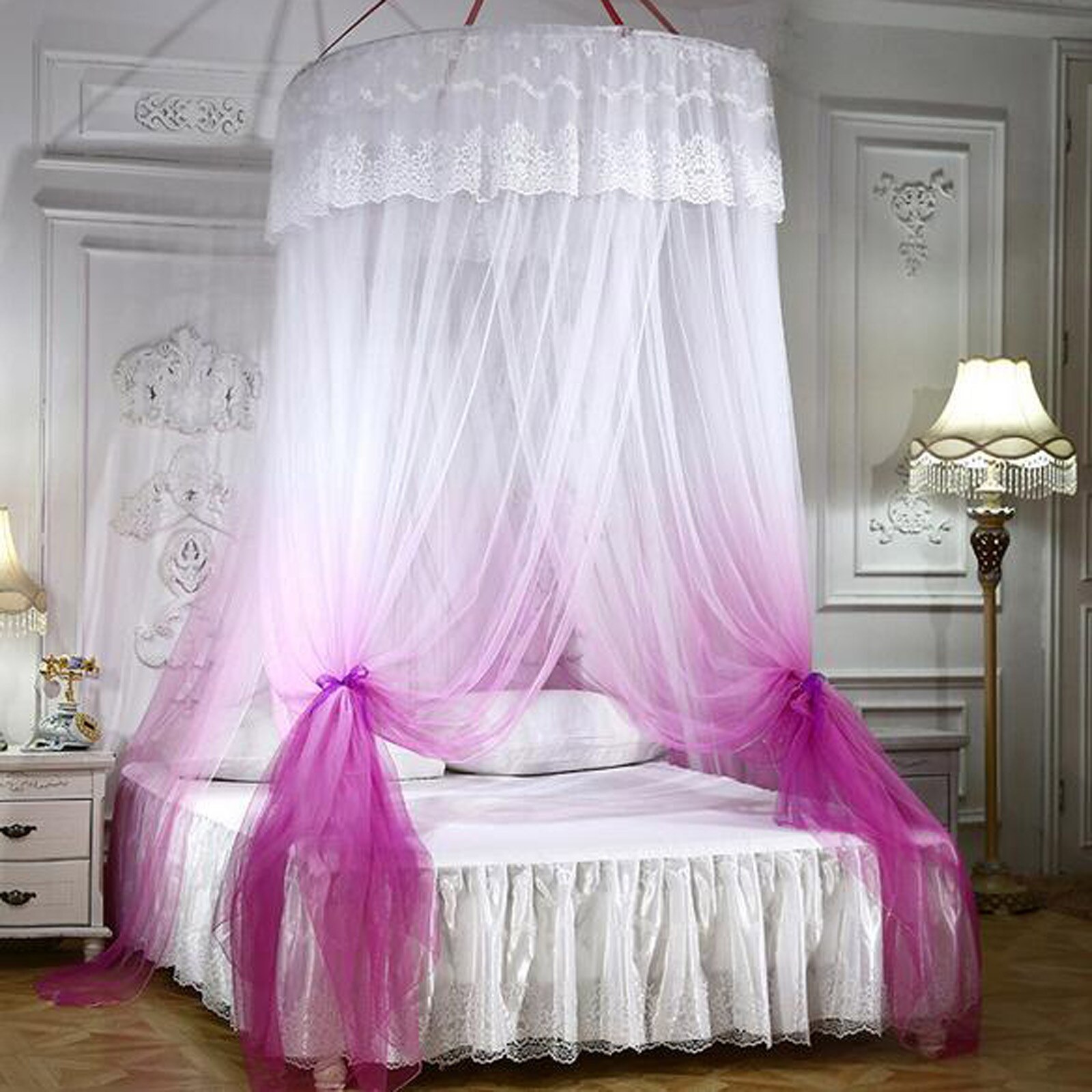 Duży romantyczny kolor gradientowa kopuła komara zasłony kopuła księżniczki z siatką moskitierą kopuła składane łóżko z baldachimem z hakiem # T2: gorąco różowy
