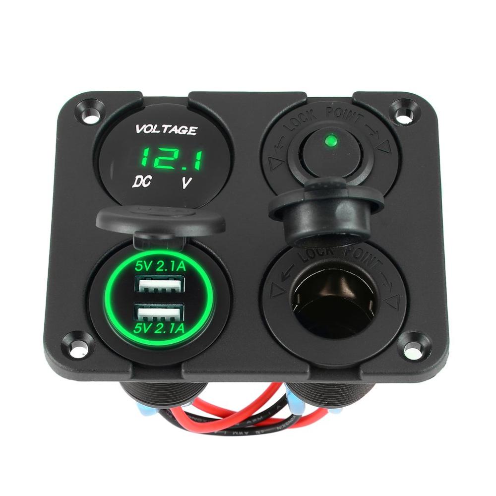 4 in 1 Dual USB Ports Car Charger + LED Voltmeter + 12-24V Power Socket + On-Off Switch Car Marine Boat LED Switch Panel: Green