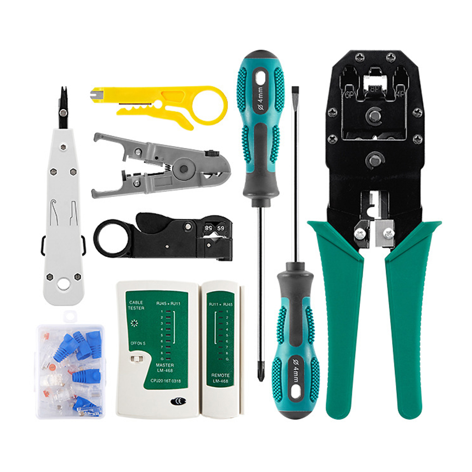 14PCS/Kit Network Cable Tester Network Wire Strippers &amp; Cable Tester &amp; Stripping Wire Cutter &amp; Modular Plug with Storage Pouch