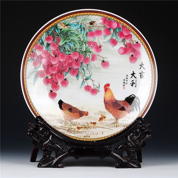 Assiette décorative en céramique coq et Litchi | Art moderne, assiette de décoration de Style chinois, Base en bois, assiette de poulet en porcelaine: dragon hook plate