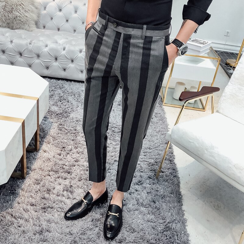 Randig avslappnad social klänning kostym byxor slim fit byxor herrkläder herrbyxor märkesbyxor herr herrar