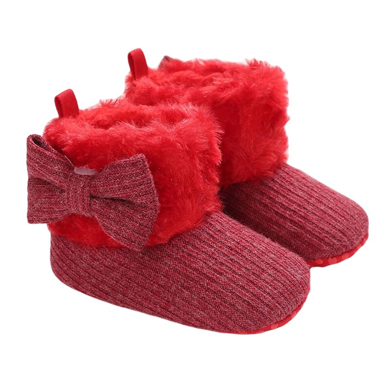 Automne hiver bébé filles garçons bottes chaudes belle solide nœud capuche mi-mollet hauteur plat avec talon bébé chaussures 5 couleurs: Rouge / 7-12 mois