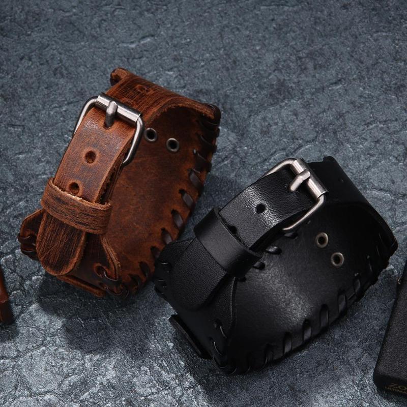 Vintage Men Bracelet Weave Bangle Wide Leather Adjustable Wolf Head Bracelet Jewelry