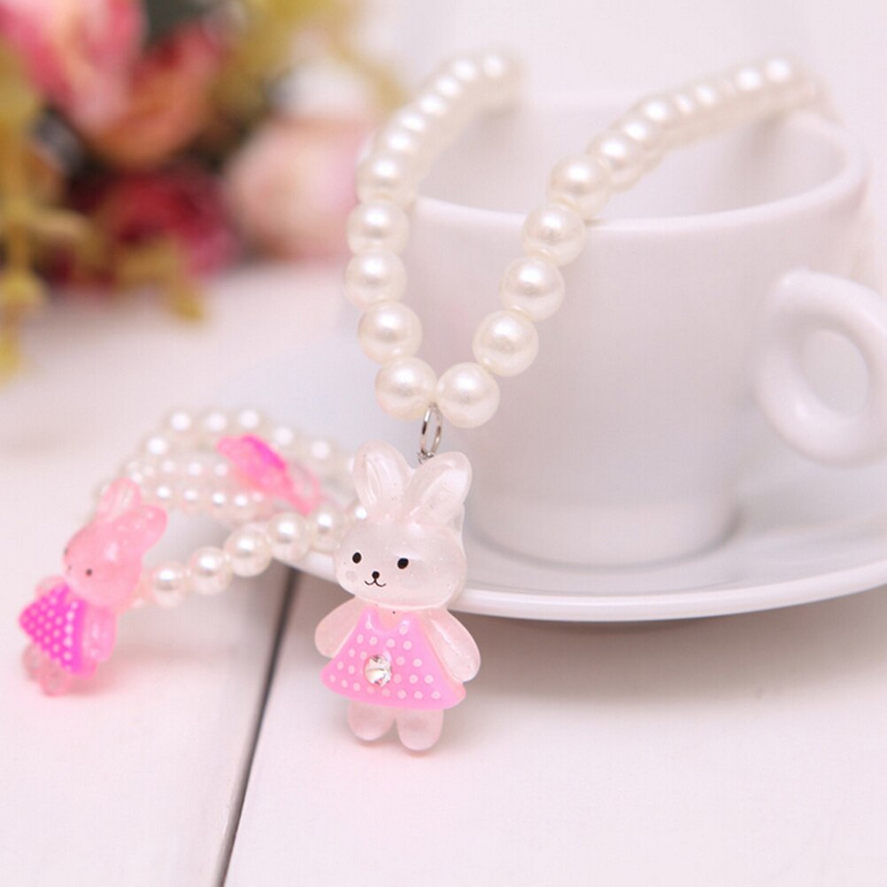 Bear Rabit Necklace Ring Bracelets For Kids Girls Children White Imitation Pearl Beads Jewelry Sets Send Randomly