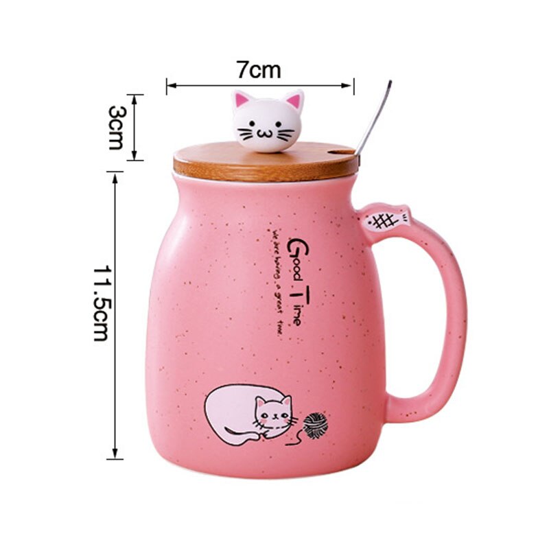 BAISPO-taza de gato con tapa, Taza de cerámica portátil, taza para café o leche, de oficina para niños, taza creativa con cuchara y tapa ecológica