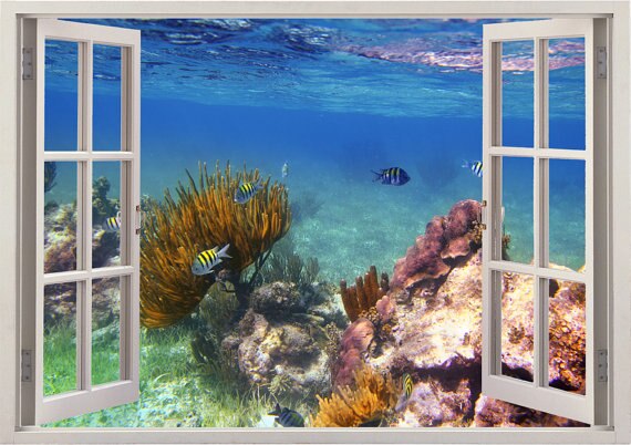 3D Effect Window View WALL STICKERS Coral reef fishes Vinyl Decal Decor Muraleef fish underwater wall sticker for home decor