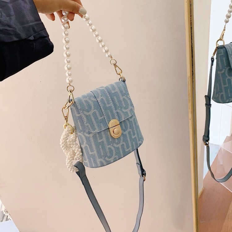 nueva perla de lujo de las mujeres con cadena de cuentas cubo vaquero bolso de hombro tipo bandolera femenina Mini bolso de