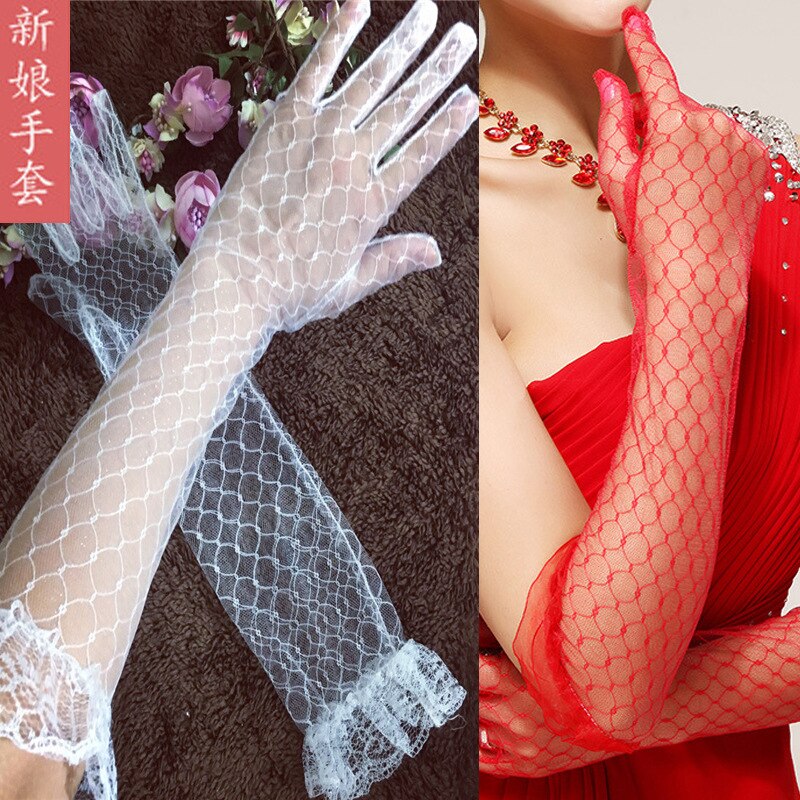 Blanco/Rojo largo mujer encaje novia guantes codo longitud completo dedo boda Accesorios blanco codo longitud guantes boda