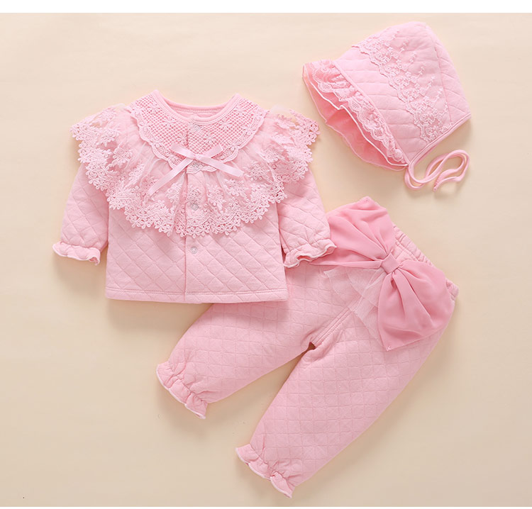 Nyfødte baby pige efterår vinter tøj tøj & sæt medium tyk varm polstret top overtøj + bukser + hat lyserød blonder prinsesse tøj: Lyserød / 12m