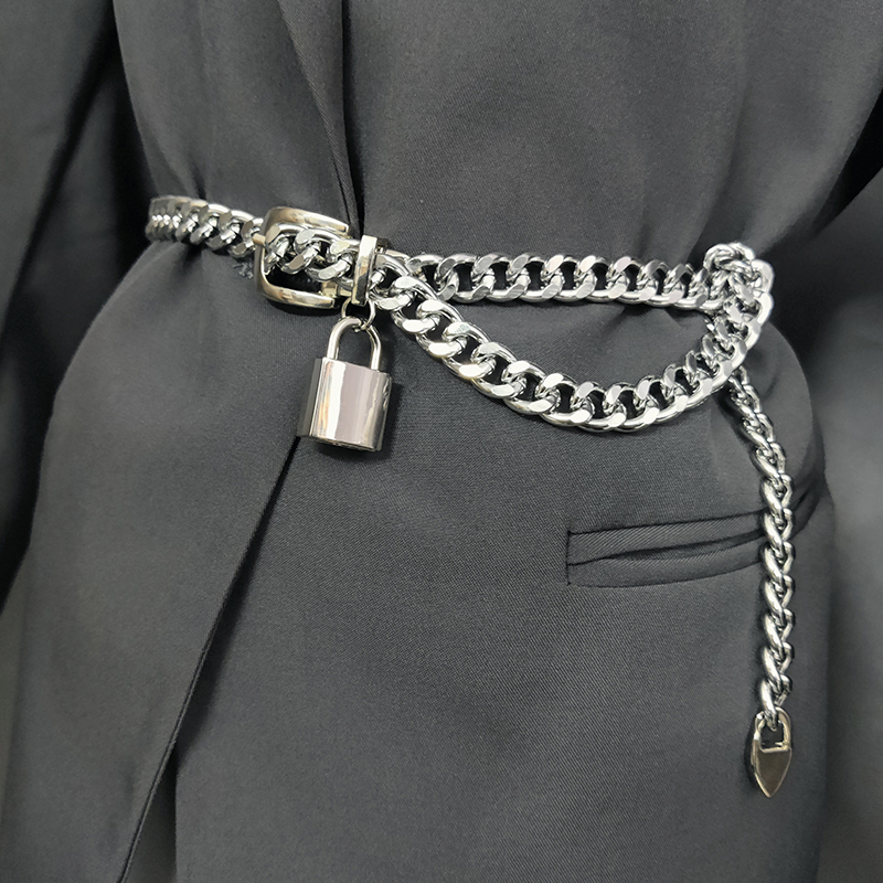 Guld kæde bælte lås metal bælter til kvinder cubanske nøgleringe sølv punks kjole linning lang ketting riem cummerbunds