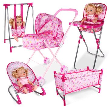 4 in 1 baby barnmöbler leksaksuppsättning docka gungbarnsäng barnstol barnvagn 4 in 1 låda dockhus tillbehör låtsas lek leksak