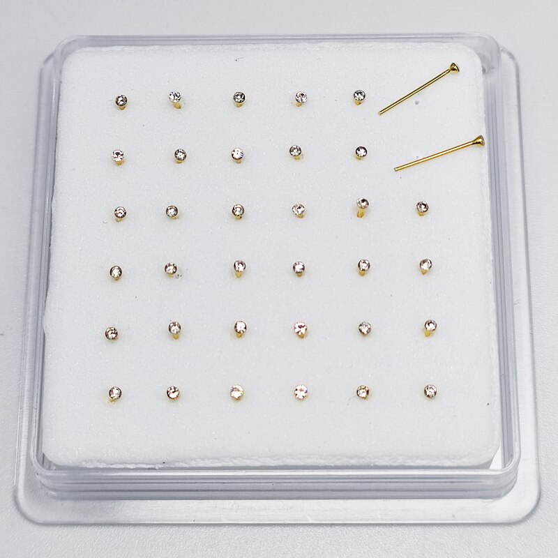 925 Sterling Zilveren Neus Studs Ring 1.2Mm Kleine Neus Piercing Bone Clear Crystal Nariz Piercing Body Sieraden 36Pcs: Gold straight end