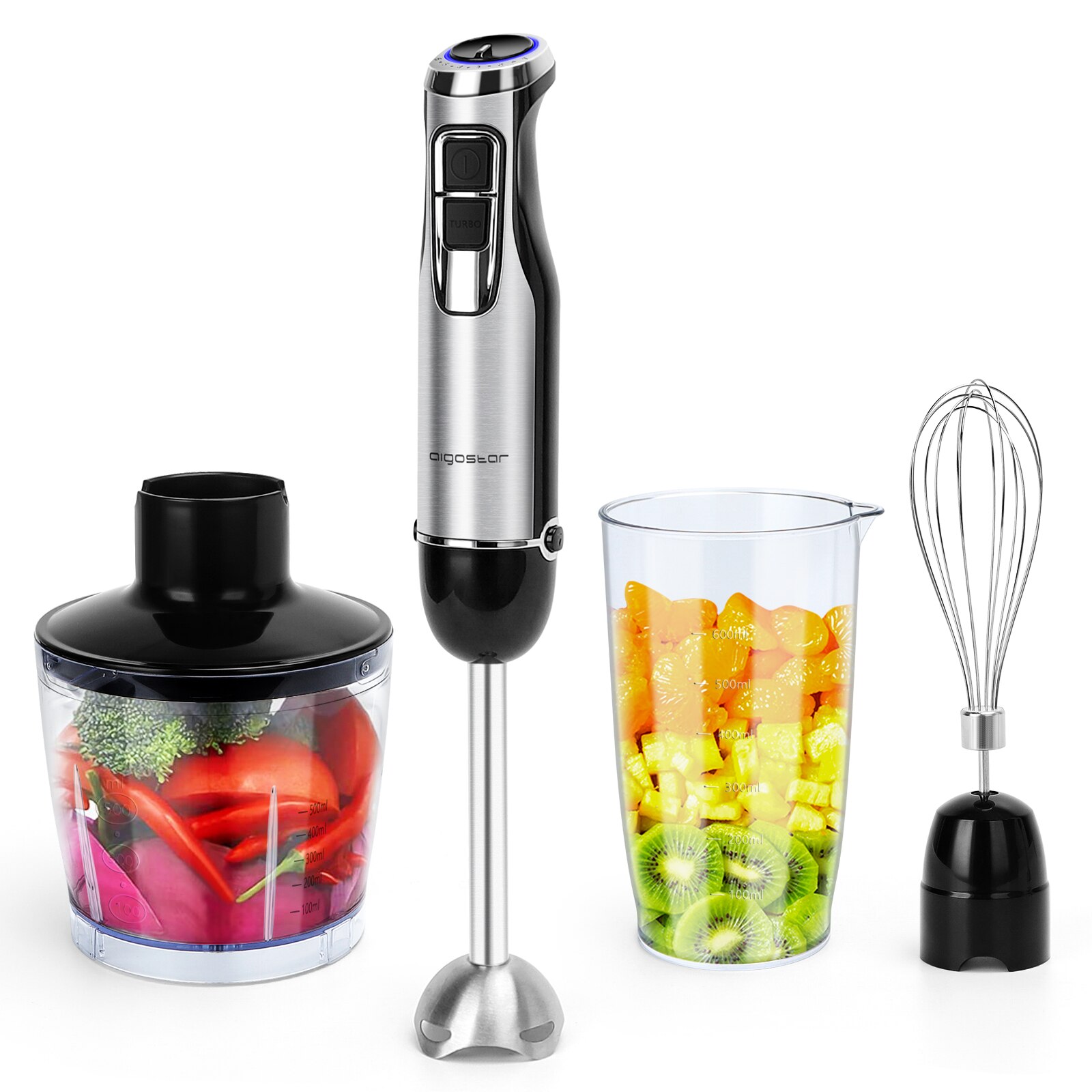 Aigostar Buckle - Set 4 en 1 de batidora de mano， picadora y varilla mezcladora. 1000W， 6 velocidades， función turbo， cuchilla de acero inoxidable tipo 304. Incluye vaso medidor.