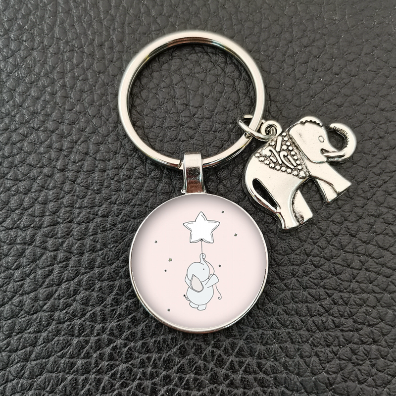 , llavero redondo convexo de cristal con de elefante y elefante bebé hecho a mano, llavero de coche, accesorios de boutique: Morado oscuro