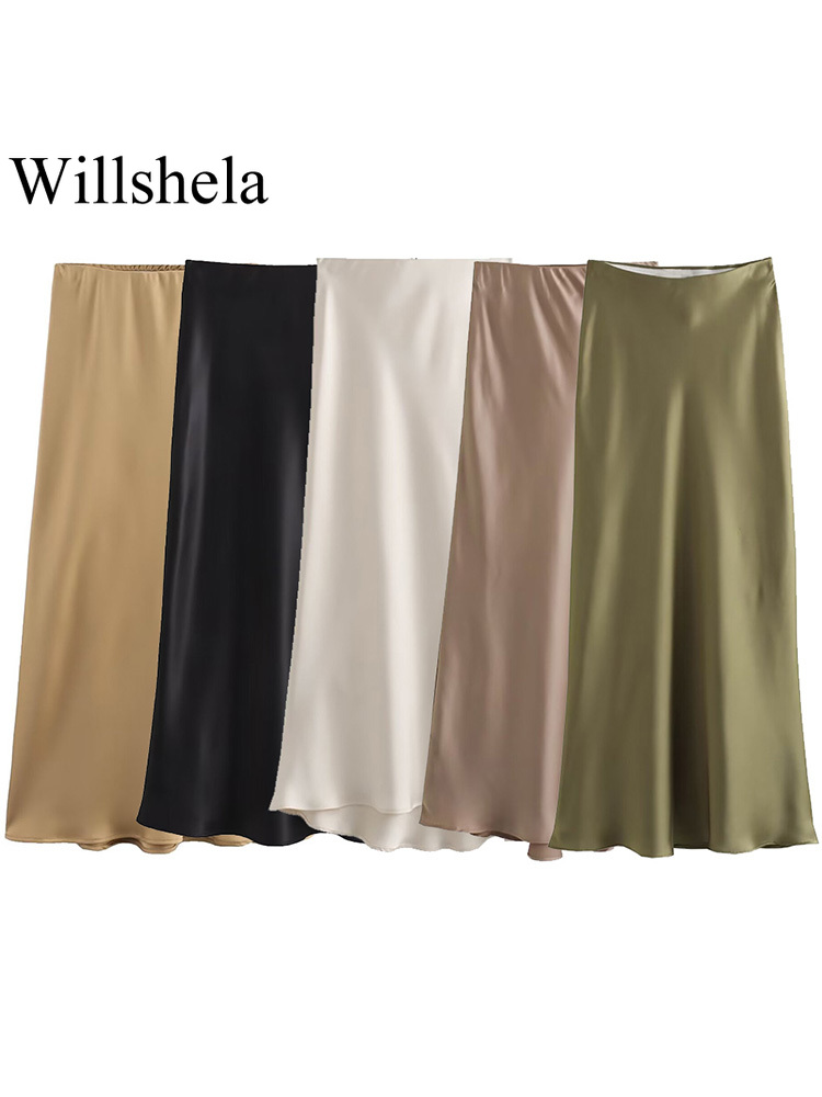 Willshela, falda Midi plisada lisa de satén a la para mujer, faldas elegantes Vintage con cintura media elástica para mujer