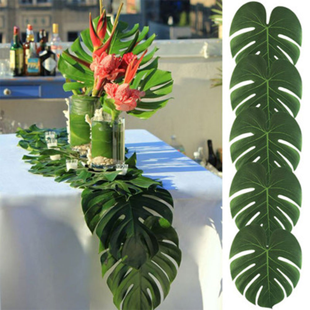 12 stks/partij Stof Kunstmatige Tropische Palm Bladeren Simulatie Monstera Bladeren Hawaiiaanse Luau Party Jungle Strand Thema Tafel Decor