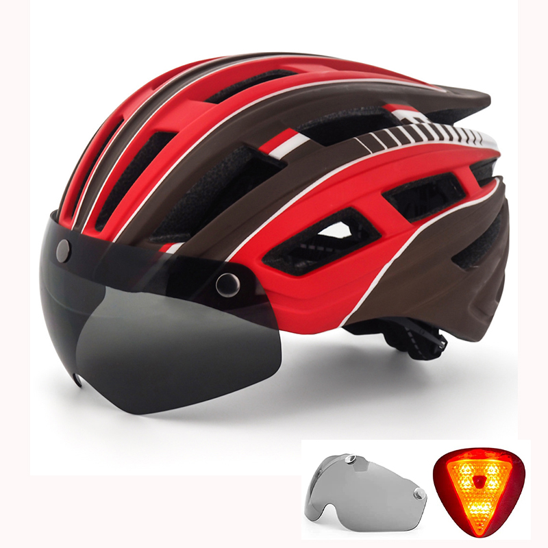 Casco de bicicleta, casco de bicicleta con luz trasera y gafas magnéticas desmontables y mochila portátil Casco de ciclismo ligero ajustable para adultos Hombres Mujeres Montaña y carretera: Red
